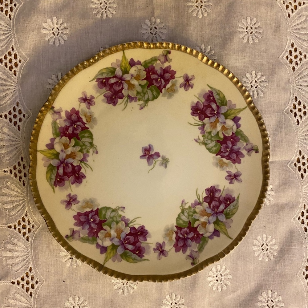 Antique Beyer and Bock Prussia Hand Painted Violets Forget Me Not Plate, 8 1/2”